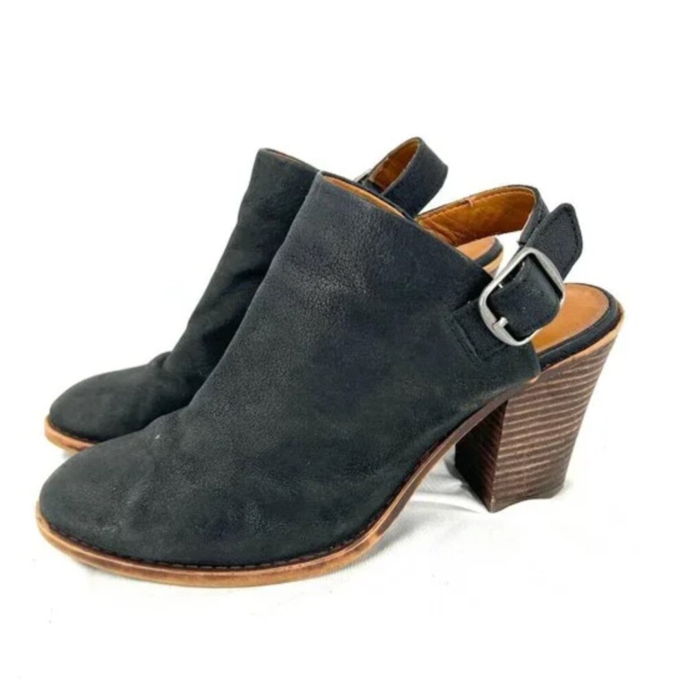 Lucky Brand Emery Leather Slingback Mule Booties Black Heels 7.5 Chunky Heel